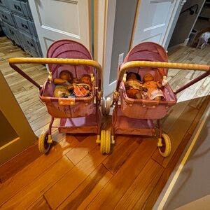 Pink Twin Doll Strollers with Dolls